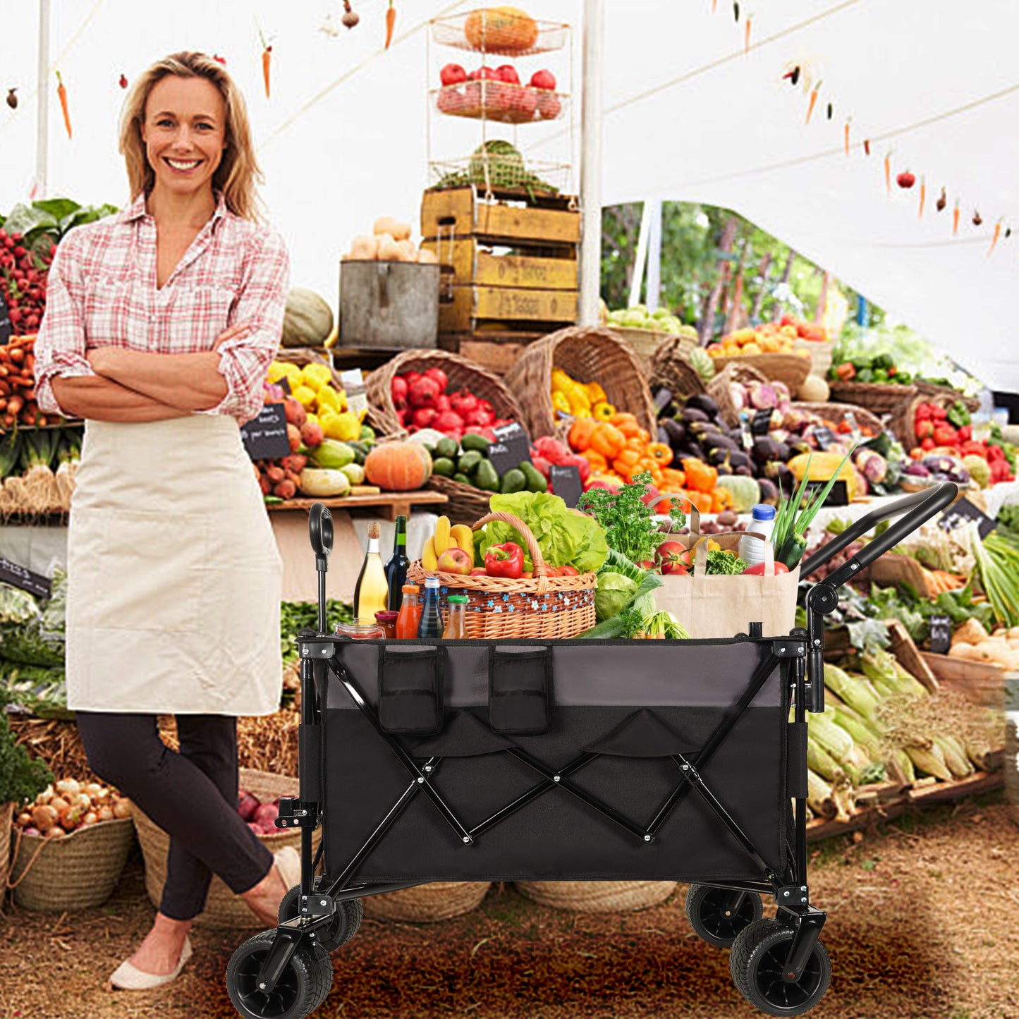 Multi- Functional Push- Pull Folding Wagon Cart With Rotating Handle & 360 All- Terrain Wheels  Heavy- Duty  Adjustable Design  Large Capacity For Transport  Groceries  And Outdoor Use  Black  Gray