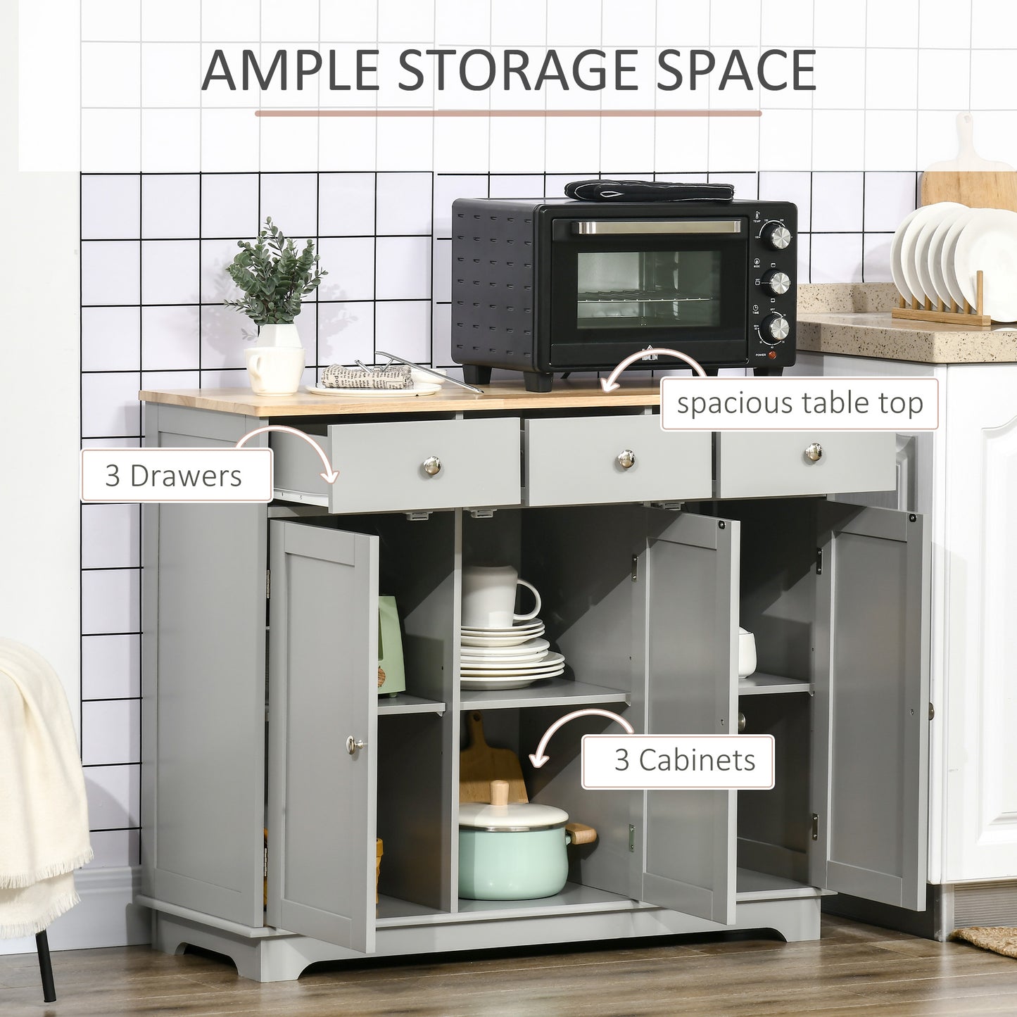 Kitchen Storage Cabinet, Sideboard Floor Cupboard With Solid Wood Top, Adjustable Shelf, And 3 Drawers, Gray