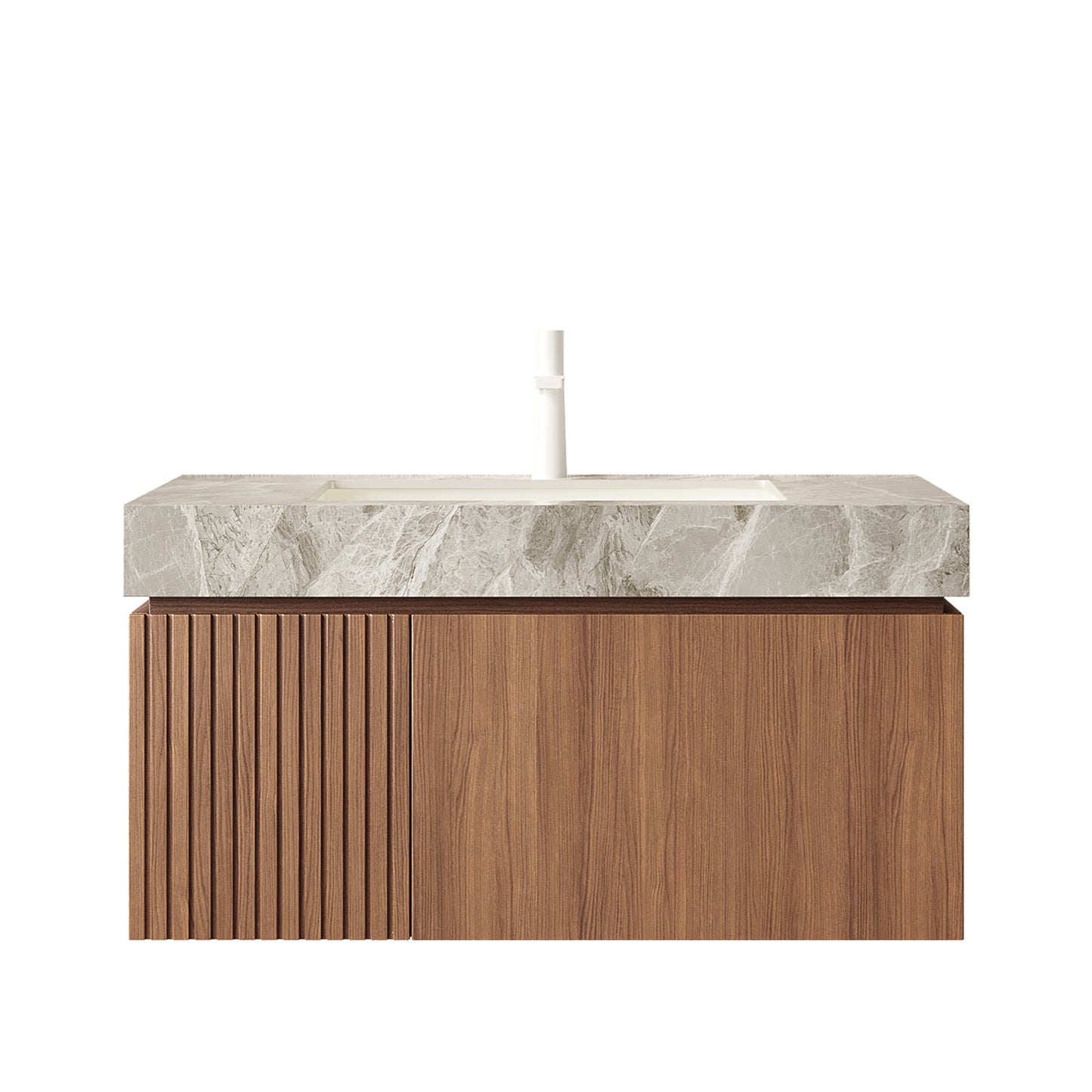 MURI 36  Bathroom Vanity&Sink, Floating Plywood Storage Cabinet With Drawer&Door, Light Gray Sintered Stone Top&Ceramic Basin With 1 Pre-drilled Faucet Hole, Pre-assembled, Brown Oak Woodgrain Color