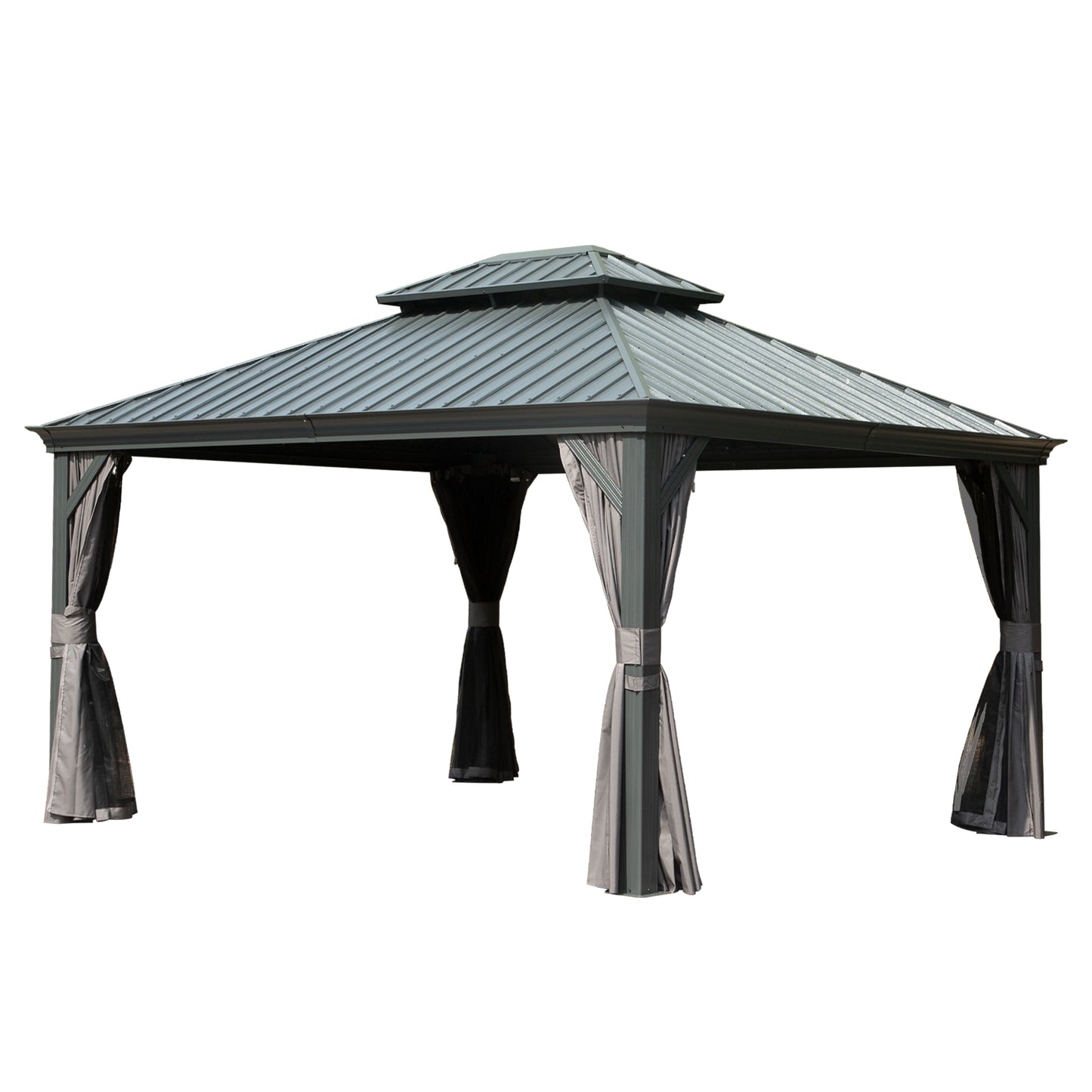 10  X 14  Hardtop Gazebo Permanent Outdoor Gazebo With Galvanized Steel Double Roof, Aluminum Frame, Curtains And Netting For Patio Lawn And Garden, Gray