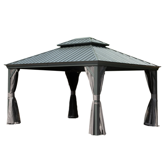 10  X 14  Hardtop Gazebo Permanent Outdoor Gazebo With Galvanized Steel Double Roof, Aluminum Frame, Curtains And Netting For Patio Lawn And Garden, Gray