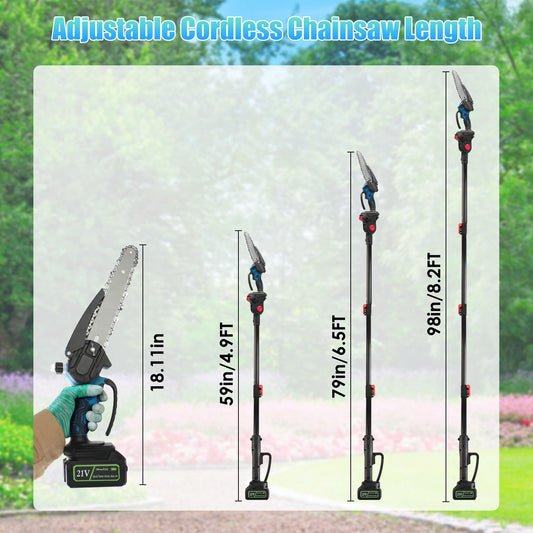 1Pc 2 In 1 8in Cordless Electric Pole Saw And Mini Chainsaw With Extension Poles 2Pcs 21V 3.0Ah Batteries Adjustable Length Chain Saw With Auto Oiler Safety Switch For Wood Cutting