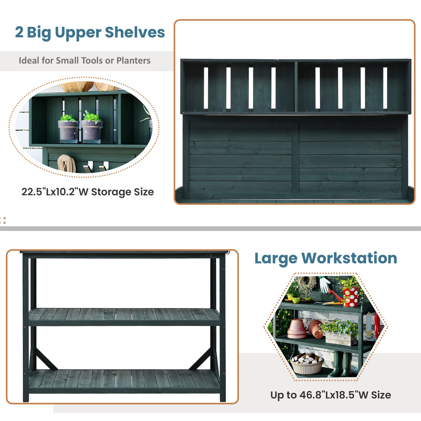 TOPMAX 65 Large Wooden Farmhouse Rustic Outdoor Potting Bench Table, Patio Workstation, Garden Potting Bench With 4 Storage Shelves And Side Hook, Forest Green