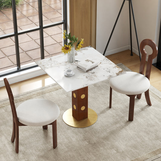 Modern Square Dining Table, 33.5  Sintered Stone Table With Wooden Leg & Gold Base, 2 - Person Kitchen Table For Small Space, 150lbs Weight Capacity Only The Negotiation Table