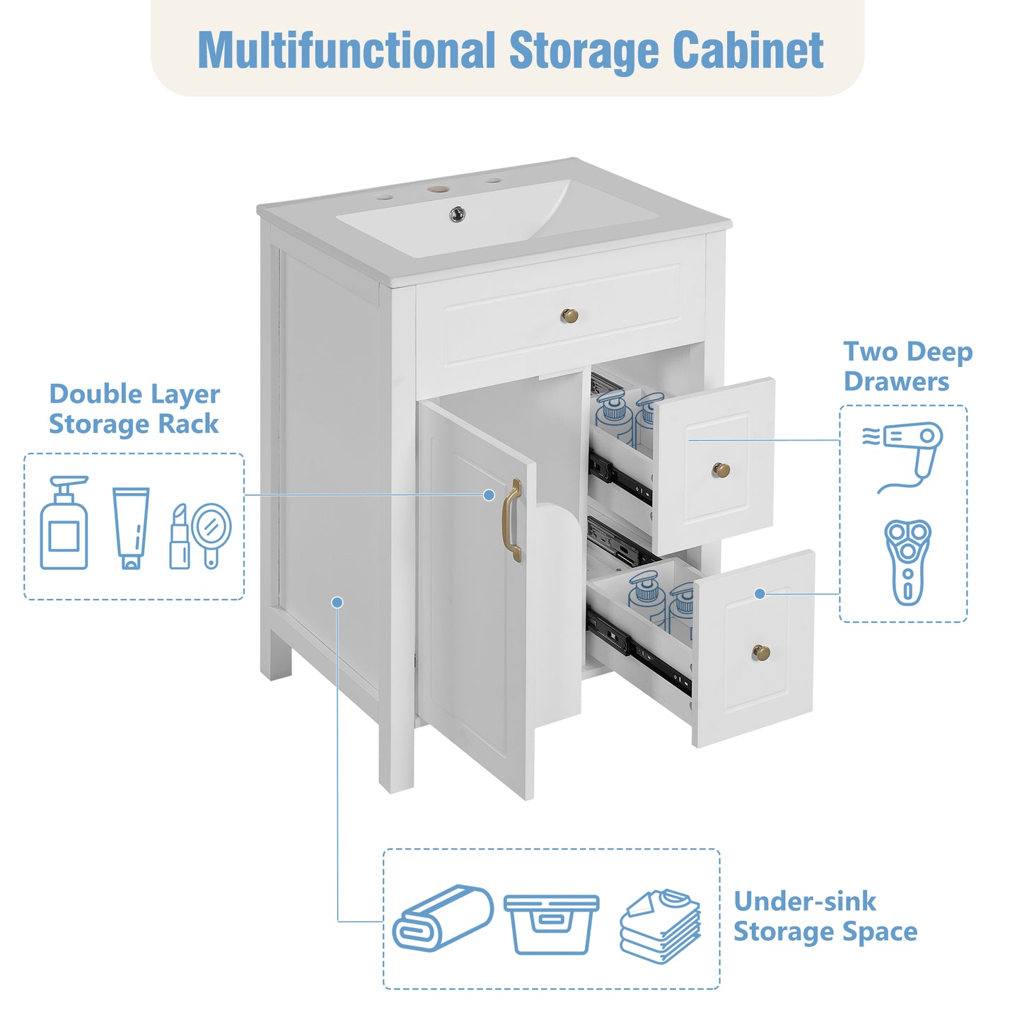 24-Inch Bathroom Vanity With Ceramic Sink, 1 Soft Close Door, 2 Soft Close Drawers, And Double Storage Racks On The Door