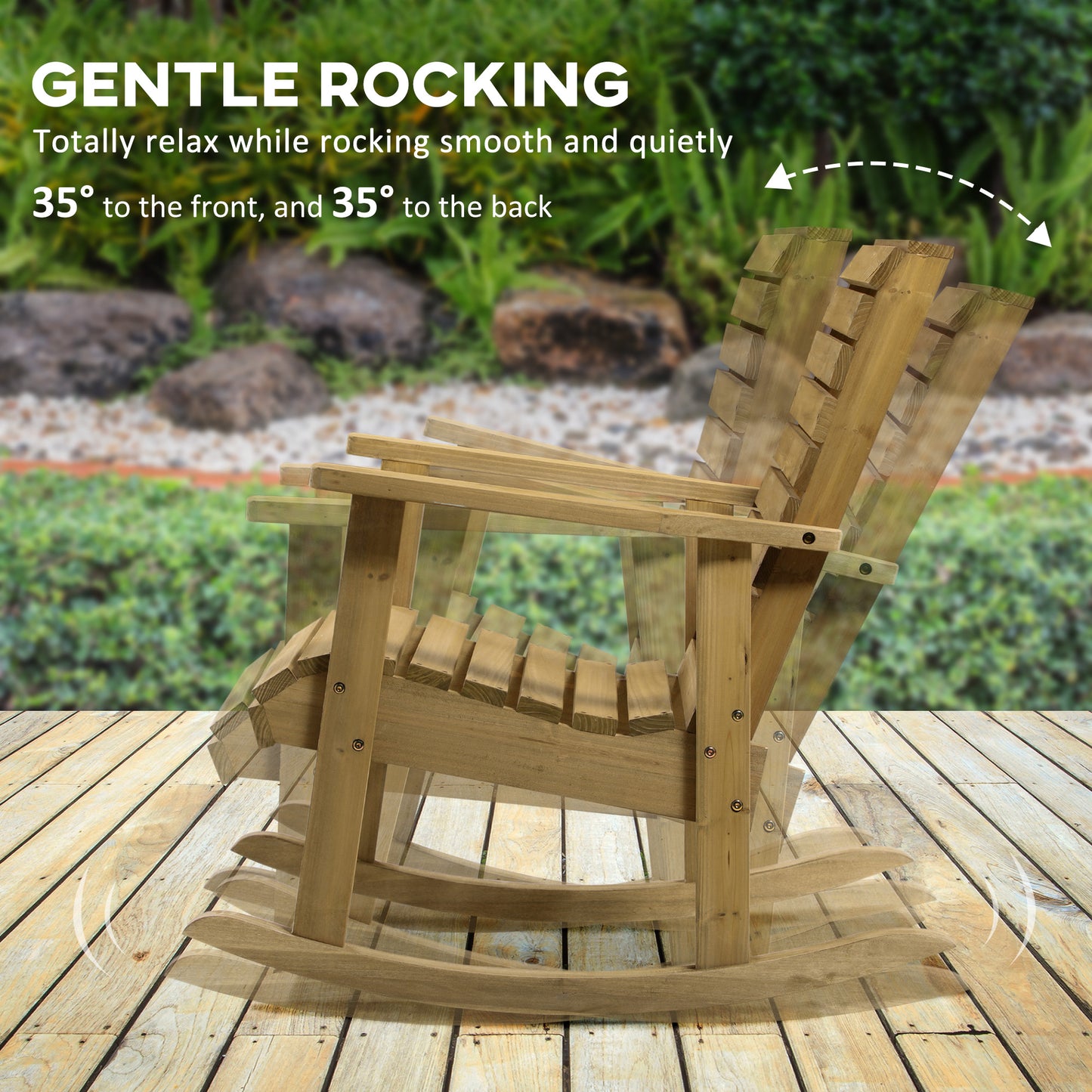 Wooden Outdoor Rocking Chair, Traditional Slatted Wood Rocker Chair With Armrests And High Backrest For Indoor & Outdoor, Light Brown