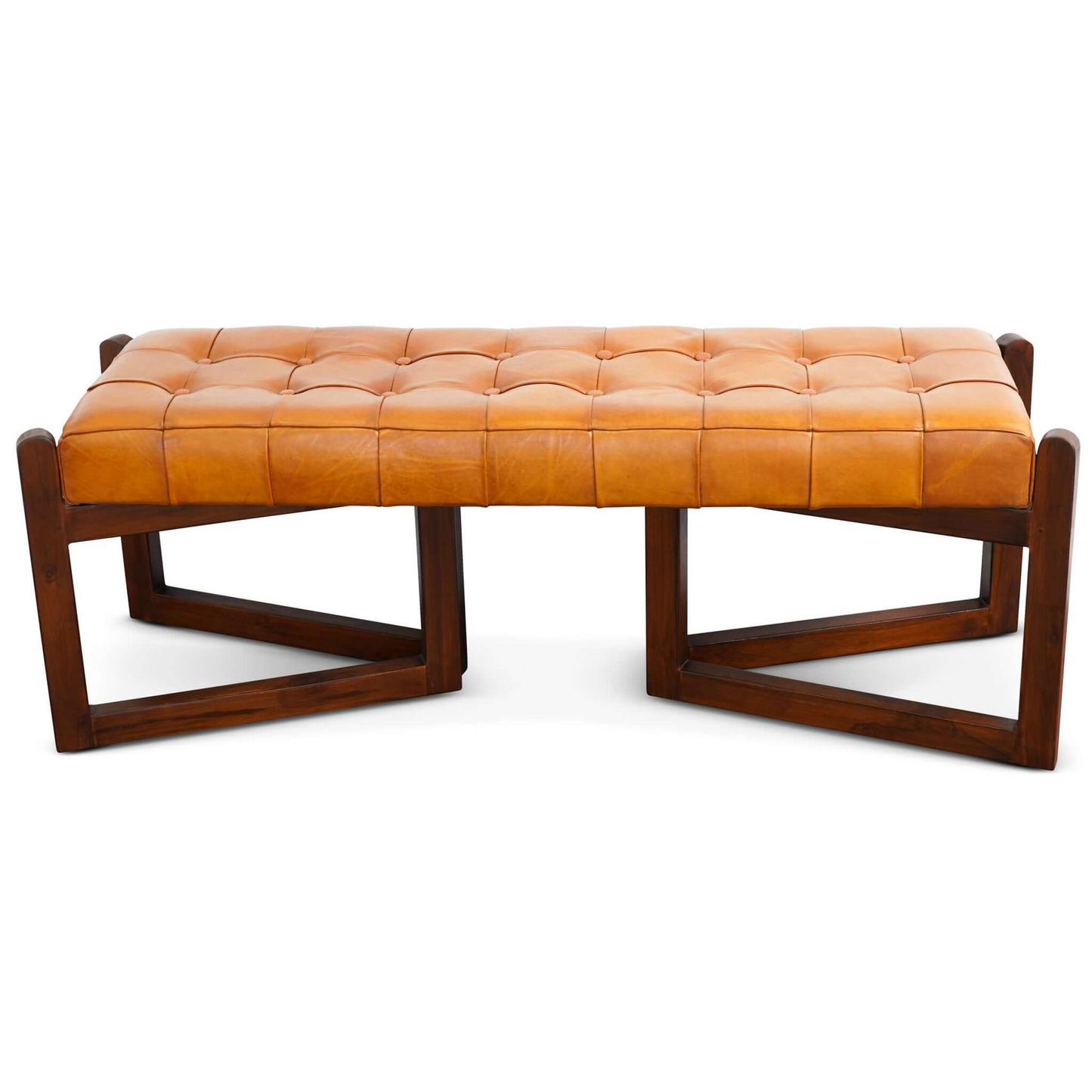 Mid-Century Riley Tan Bedroom Leather Bench With Solid Wood Frame And Tapered Legs 18.9  H X 52.4  W X 17.3  D For Entryway Dining Room Living Room Bedroom End Of Bed