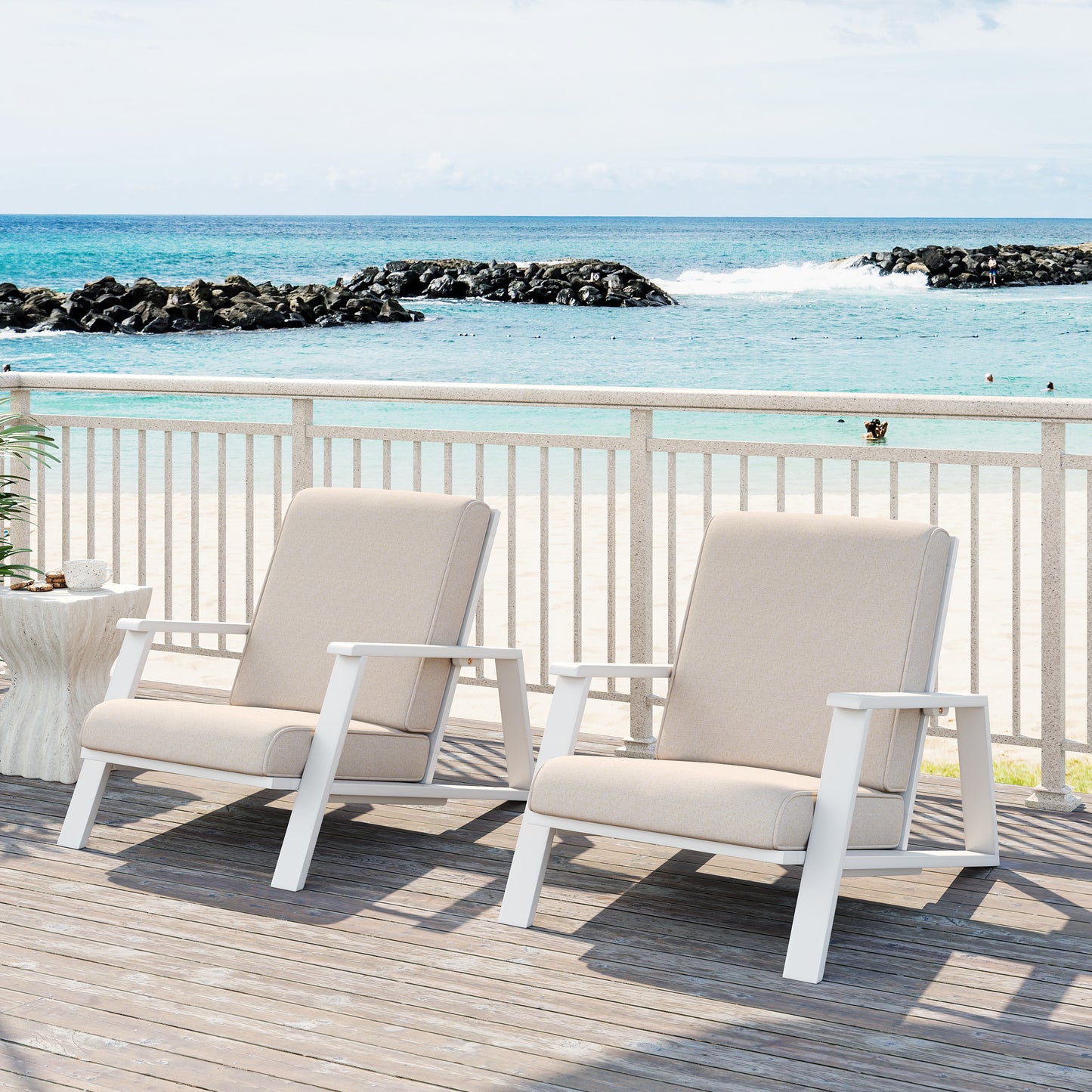 Patio Lounge Chair Set Of 2, Outdoor Club Chair With Beige Cushion And White Acacia Wood Frame