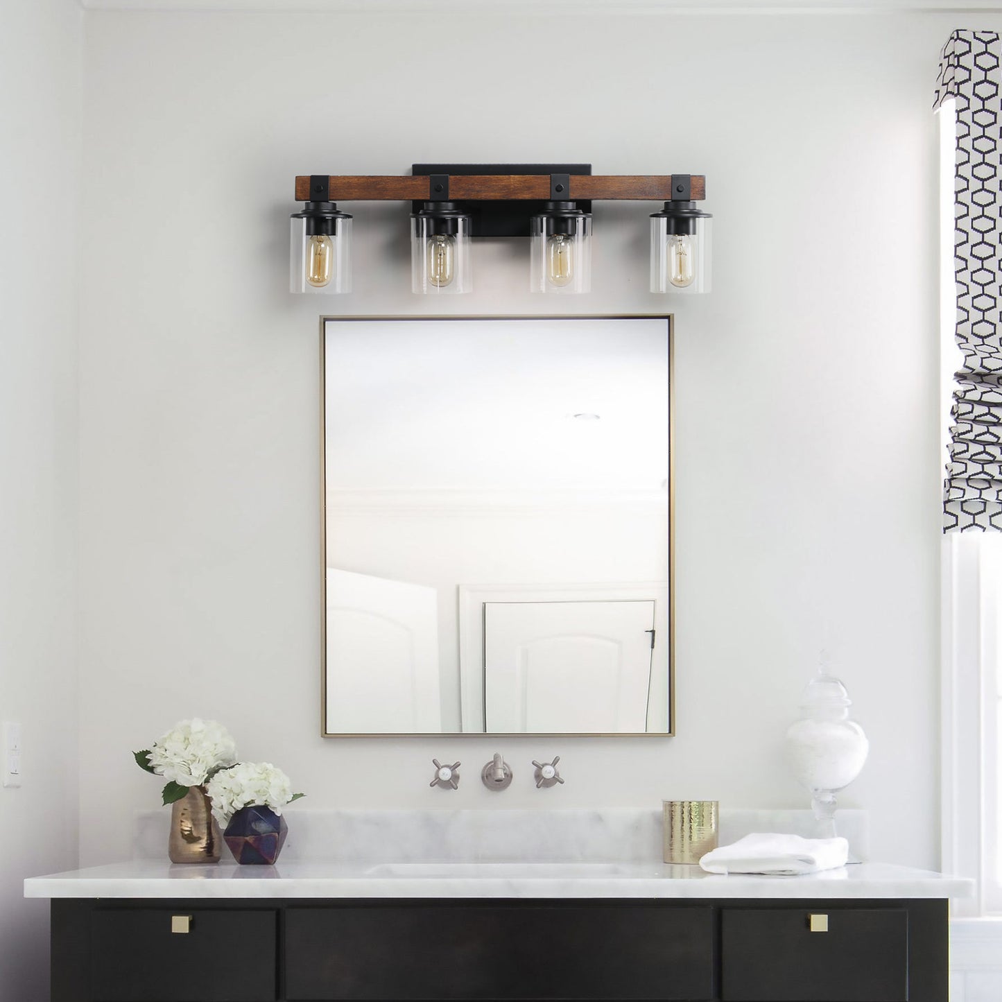 27in  Rustic 4-Light Vanity Light, Industrial Bathroom Wall Sconce With Glass Shades And Wood Accent, Modern Farmhouse Lighting Fixture  No Bulbs
