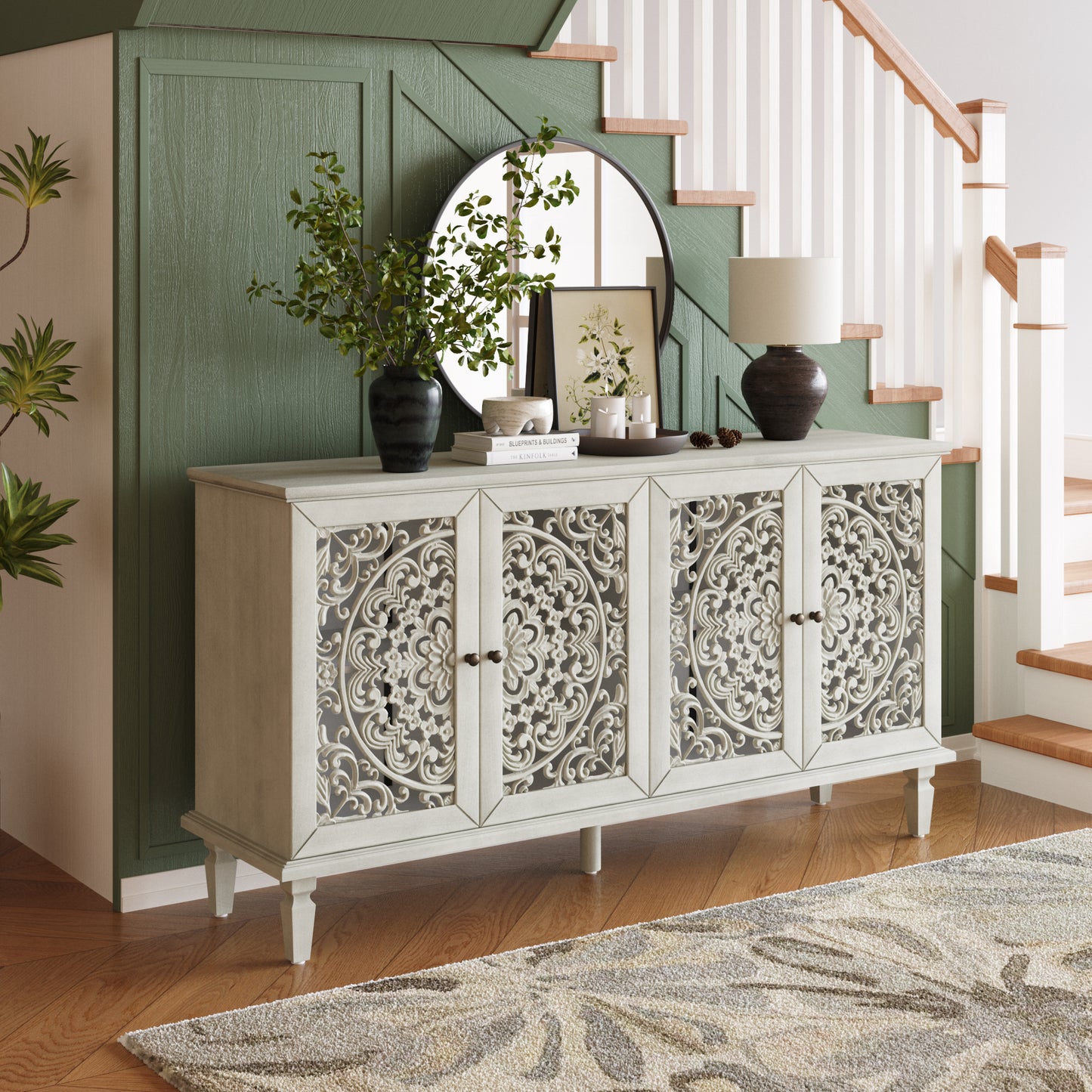 60  Antique Buffet Cabinet With Floral Carvings With Solid Wood Legs&Antique Brass Handles&Adjustable Shelves, TV Stand For 65 TV, Sideboard For Living Room,Dining Room Antique Grey White