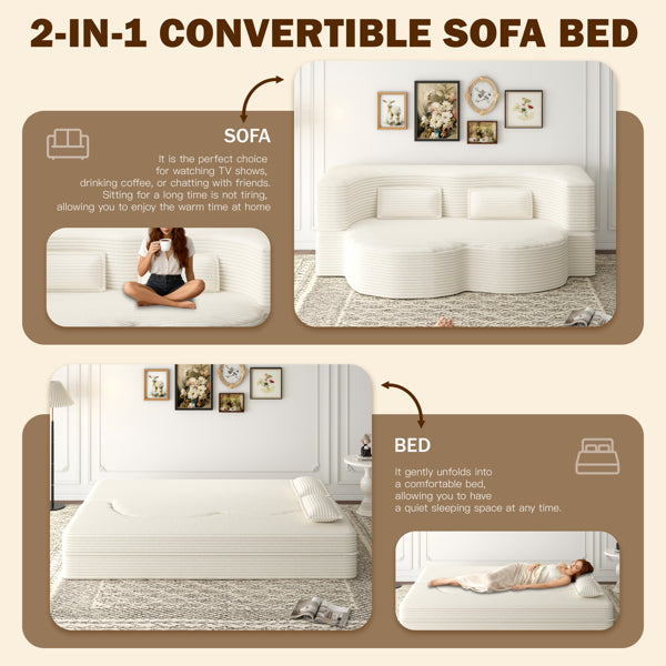 Modern Floor Sofa With 2 Pillows,Convertible Corduroy Fabric Foam-Filled Sleeper Sofa Bed,15' Twin Size Folding Mattress For Living Room,Guest Bed,Playroom,no Assembly Required,Beige&White
