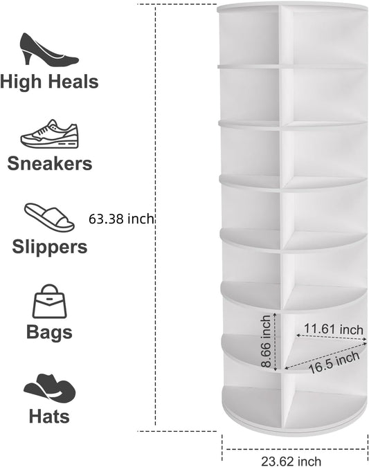 7 Tier Rotating Shoe Rack Tower, Spinning Shoe Display, 360 Shoe Rack Storage Round Carousel, Vertical Handbag Rotate Shoes Closet Organization WHITE