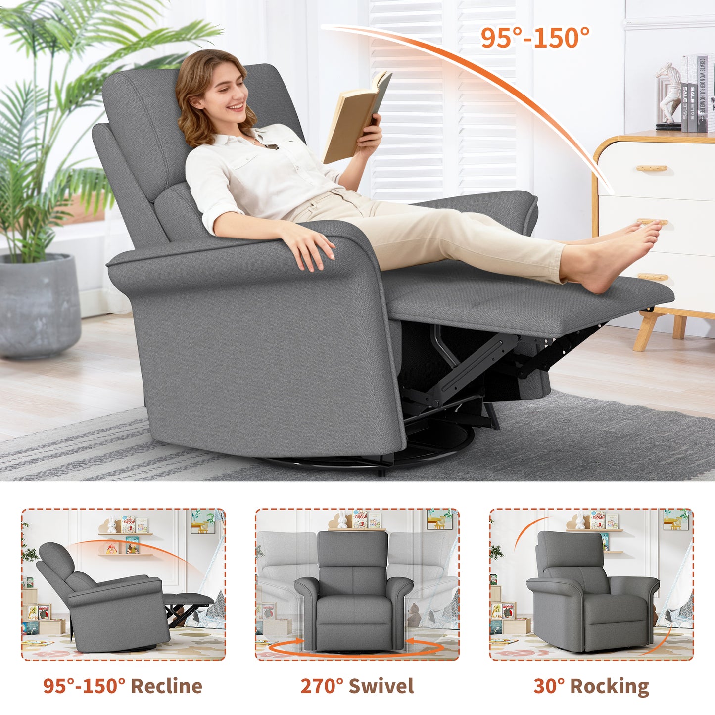 270 Power Swivel Rocker Recliner Chair For Adult,Rocking Glider Nursery Recliner For Small Spaces,Fabric Rocking Chair For Nursery,Single Sofa Recliner For Home Theater Living Room Bedroom Dark Gray