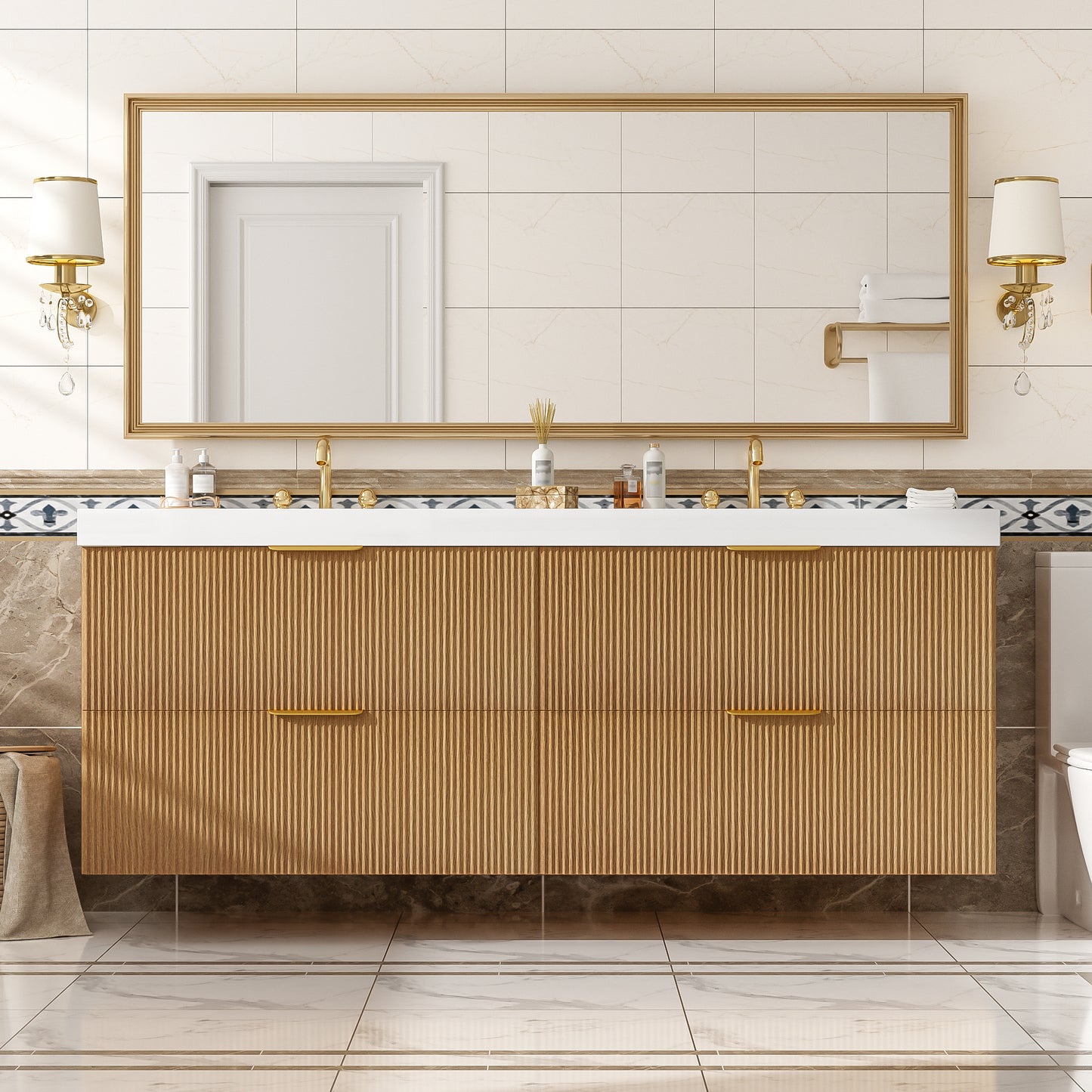 59.3 Inch Double Sink Bathroom Vanity With SMC Top, Painted MDF Cabinet , Soft Close  Drawers, Wall-Mounted Modern Storage Vanity