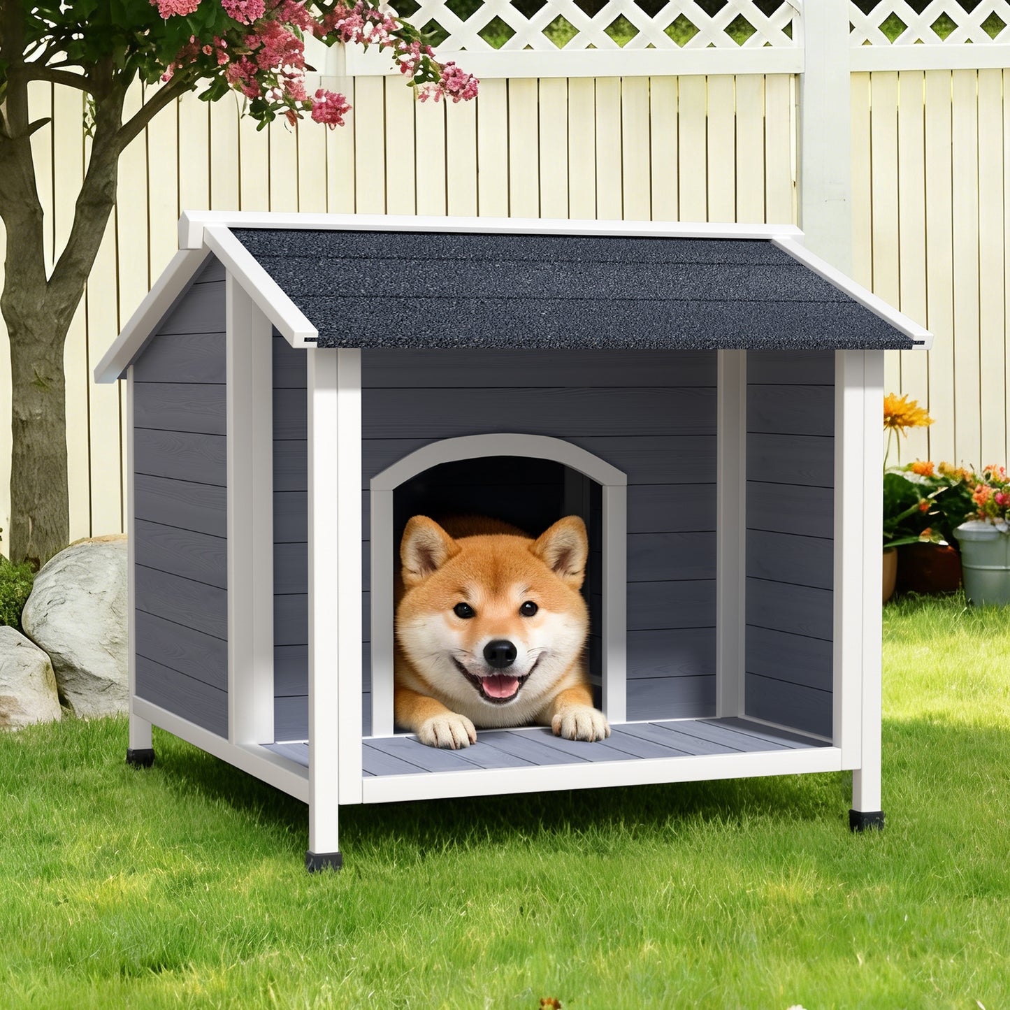 Outdoor Dog House, Weatherproof Wooden Dog Shelter With Asphalt Roof, Raised Floor Design, Easy Assembly, For Small To Medium Dogs