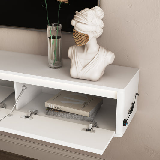 Floating TV Stand, Wall Mounted TV Shelf With Led Lights & Power Outlet,High Gloss TV Cabinet For White Tv Stands For Living Room