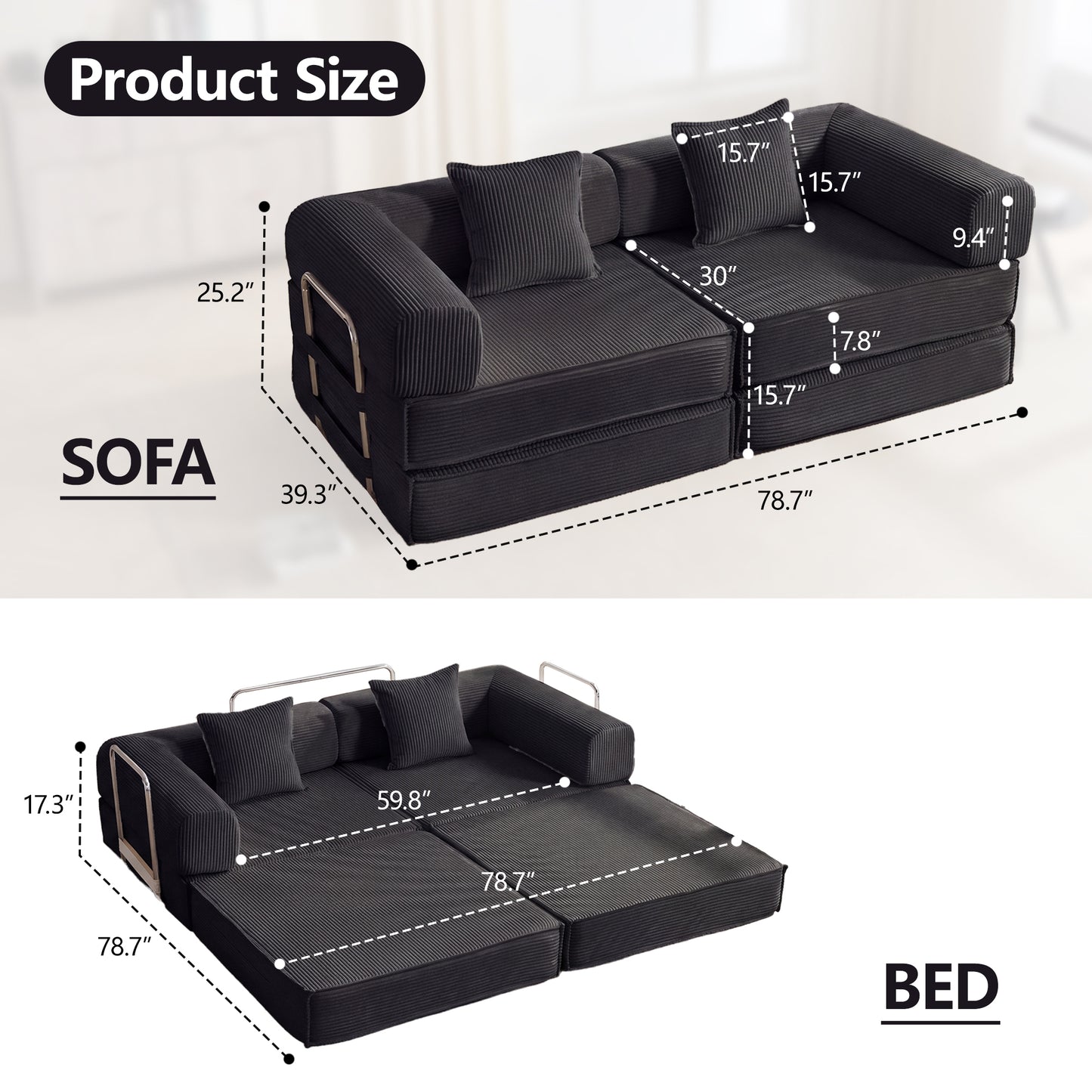 78  Convertible Sofa Bed, Modular Corduroy Couch With 2 Pillows, Space-Saving Compressed Floor Sofa, Ideal For Living Room, Bedroom, Apartment,Black.