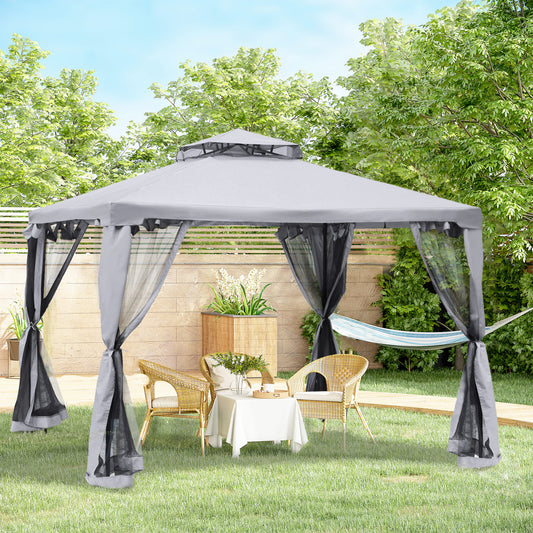 9.6' X 9.6' Patio Gazebo, Outdoor Canopy Shelter With 2-Tier Roof And Netting, Steel Frame For Garden, Lawn, Backyard, And Deck, Gray