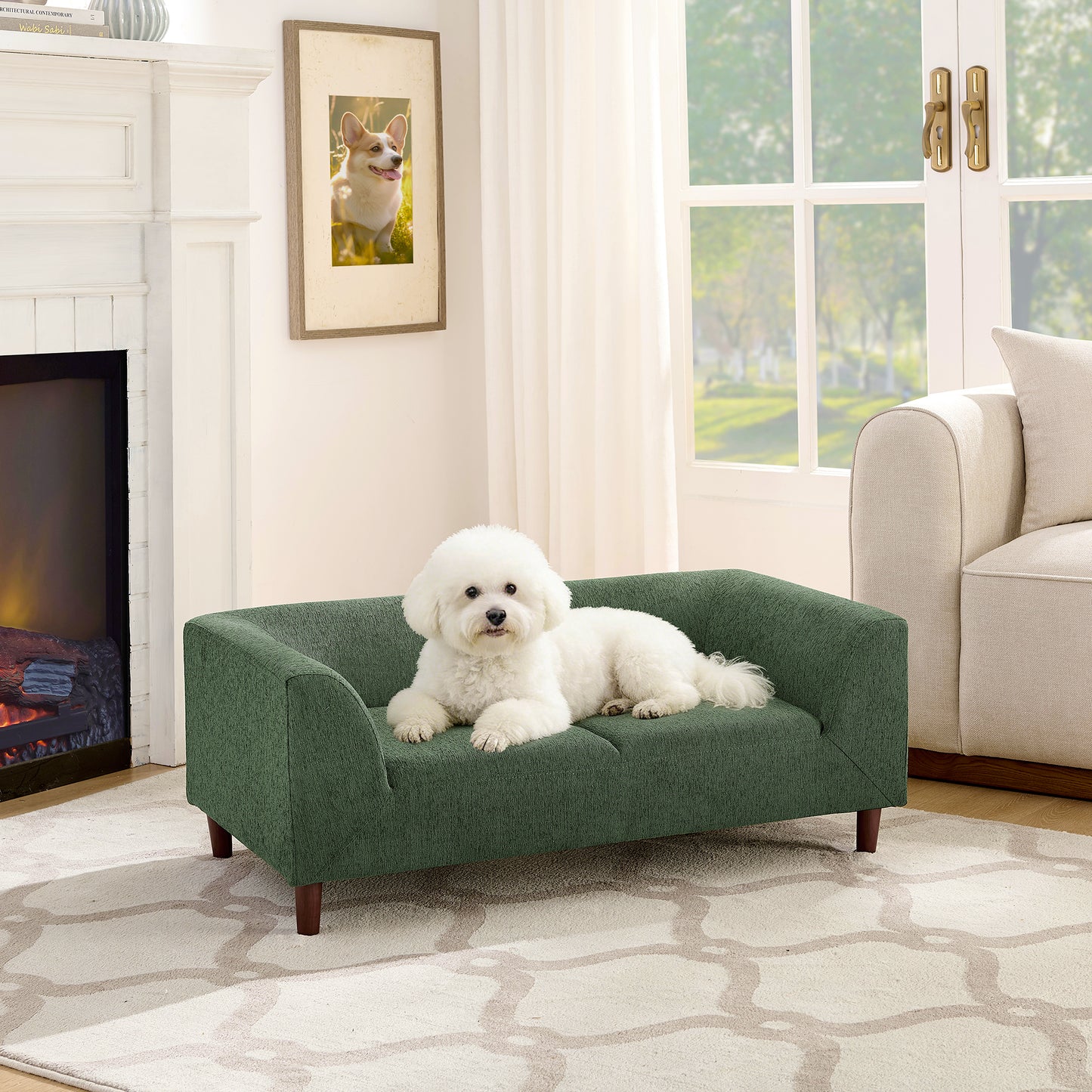 Pet Sofa With Backrest And Armrests, Modern Rectangular Pet Sofa Suitable For Small And Medium Dogs, Soft Cushion Comfortable Dog Sofa,-OLIVE GREEN