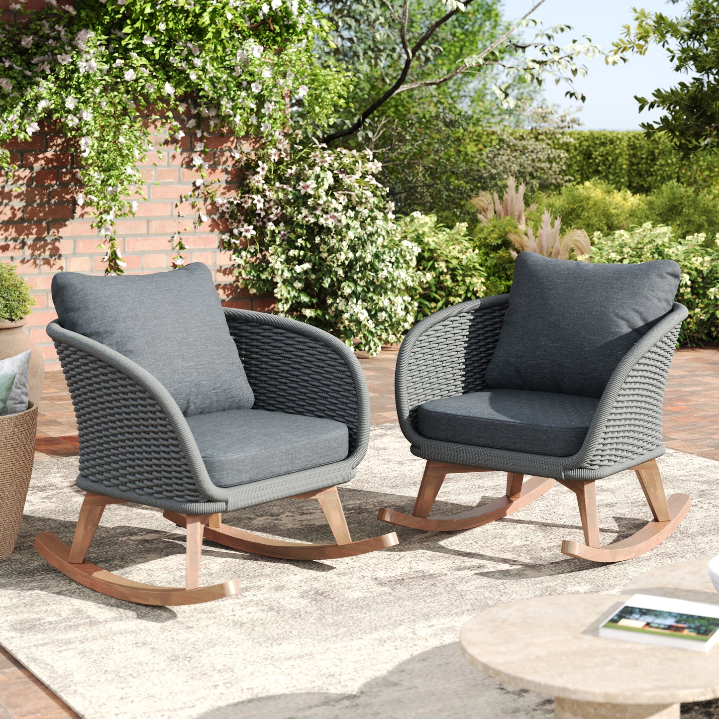 29.5  Contemporary Minimalist Gray Wicker Rocking Chair With Soft Polyester Cushions And Durable Wooden Frame, Perfect For Indoor And Outdoor Spaces Like Patio, Balcony, Or Living Room