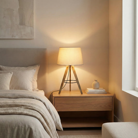 High Quality Hotel European Modern Bed Side Nightstand Decorative Led Table Desk Lamp, Birch Three Legged Wooden Bar Table Lamp - Natural - Black 110V