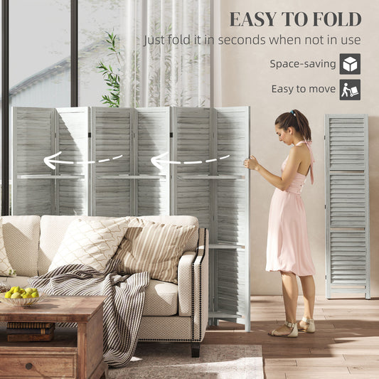 6 Panel 67" Tall Wood Privacy Screen Room Divider With 3 Shelves And Folding Storage For Bedroom, White