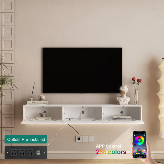 Floating TV Stand Wall Mounted With 16 Color LEDs,67  Modern TV Stand, Floating TV Cabinet Entertainment Center For 55 60 65 Inch TV,White