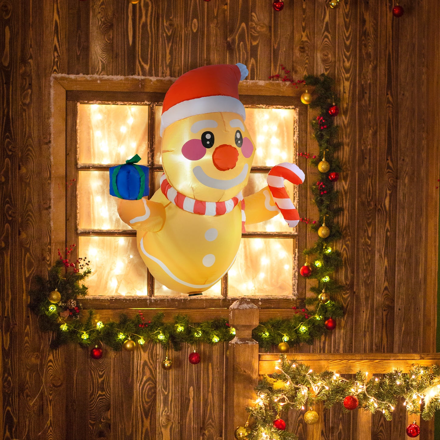 3.4' Inflatable Hanging Gingerbread Man Holding Gift Box & Candy Cane W/ LED Lights, Blow-Up Outdoor Display For Party