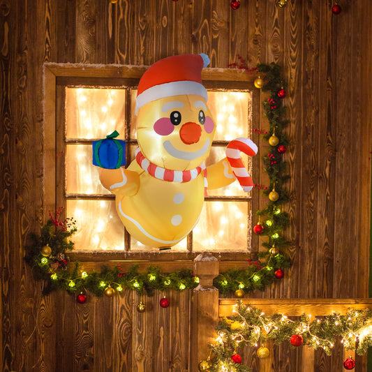 3.4' Inflatable Hanging Gingerbread Man Holding Gift Box & Candy Cane W/ LED Lights, Blow-Up Outdoor Display For Party