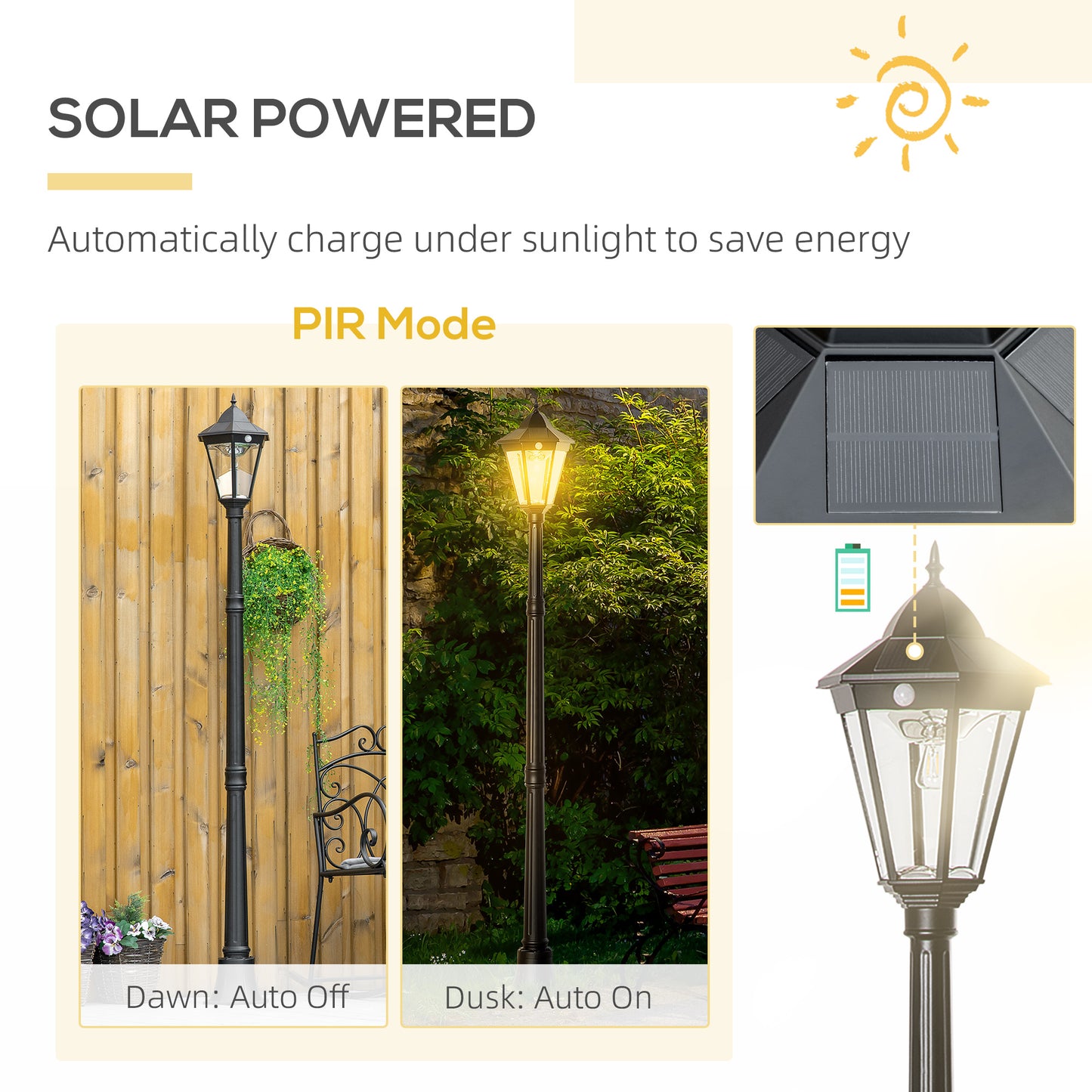 76.5" Solar Lamp Post Light, Dusk To Dawn Vintage Style Street Light, Aluminum Solar Powdered Lamp, PIR Motion Sensor For Garden, Lawn, Pathway, Driveway, Black