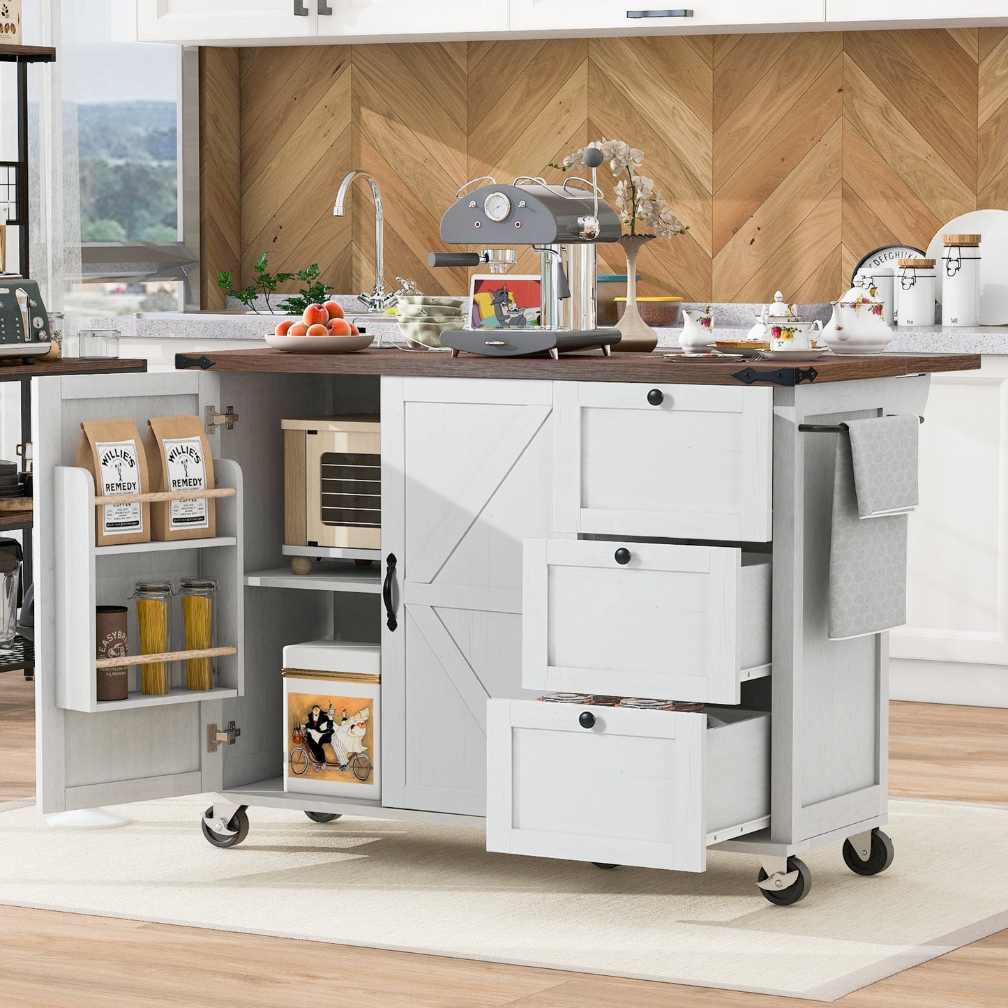 54.5 Farmhouse Kitchen Island With Power Outlet,Kitchen Storage Island With Internal Storage Rack,Drop Leaf,Spice Rack,Rolling Kitchen Cart On Wheels,for Home,Kitchen And Dining Room,White