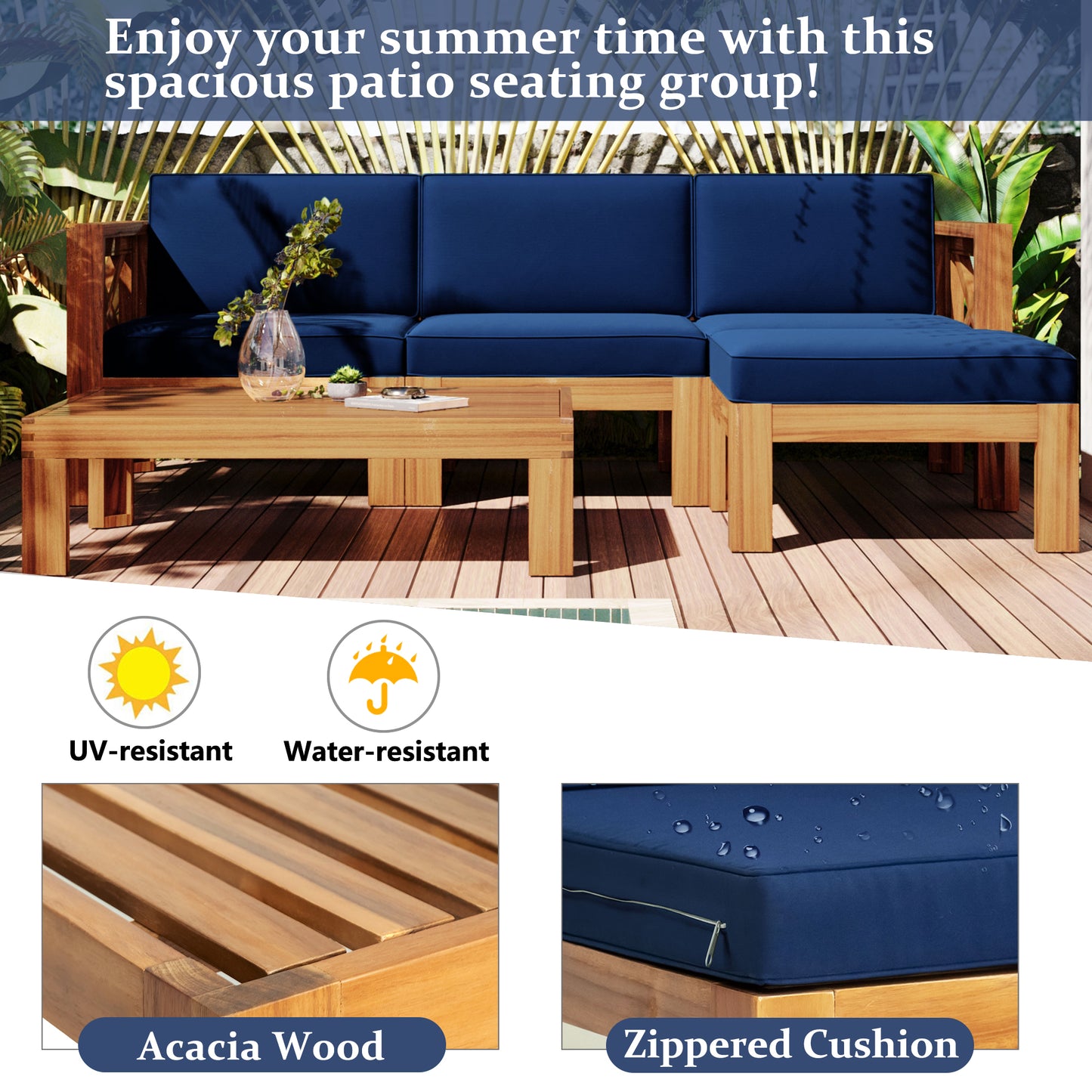 TOPMAX Outdoor  Patio Wood 5-Piece Sectional Sofa Seating Group Set With Cushions, Natural Finish  Blue Cushions