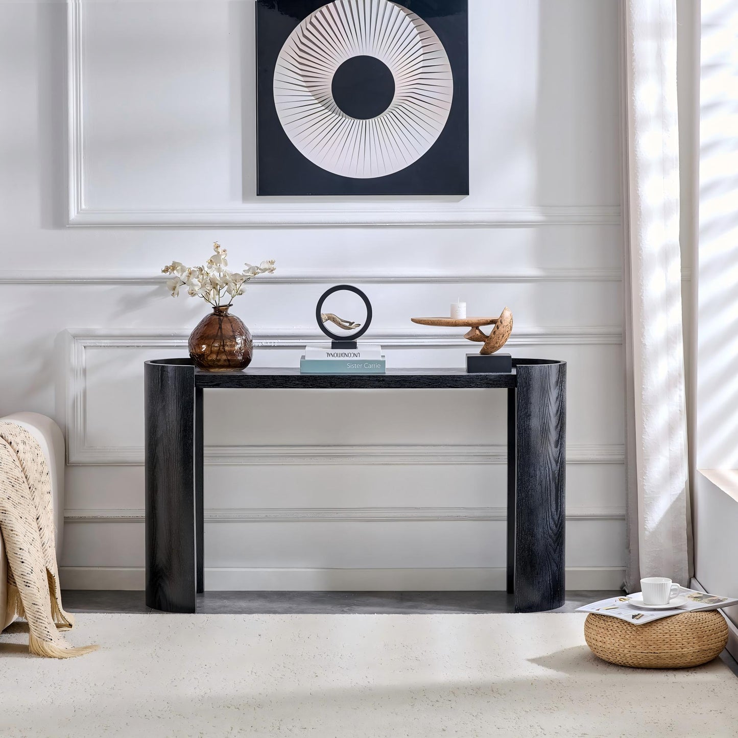 Black Curved Foyer Table - Black Wood Grain Minimalist Entrance Small Space Living Room Sofa Side Table