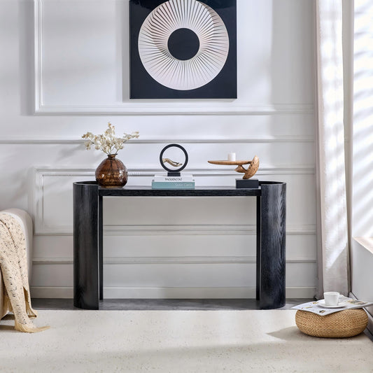 Black Curved Foyer Table - Black Wood Grain Minimalist Entrance Small Space Living Room Sofa Side Table