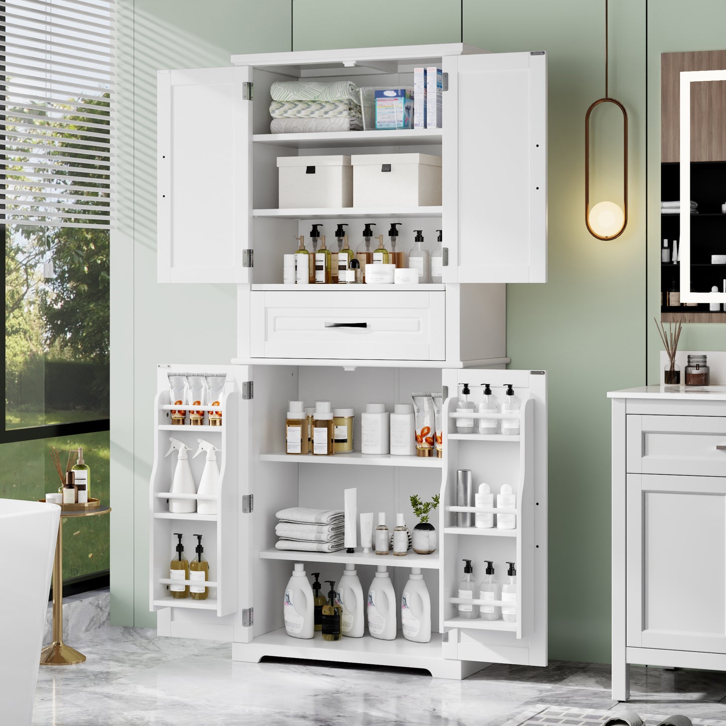 Video Bathroom Storage Cabinet With Multi-Functional Storage Space, Drawer With Slide Rails, Adjustable Shelf, White