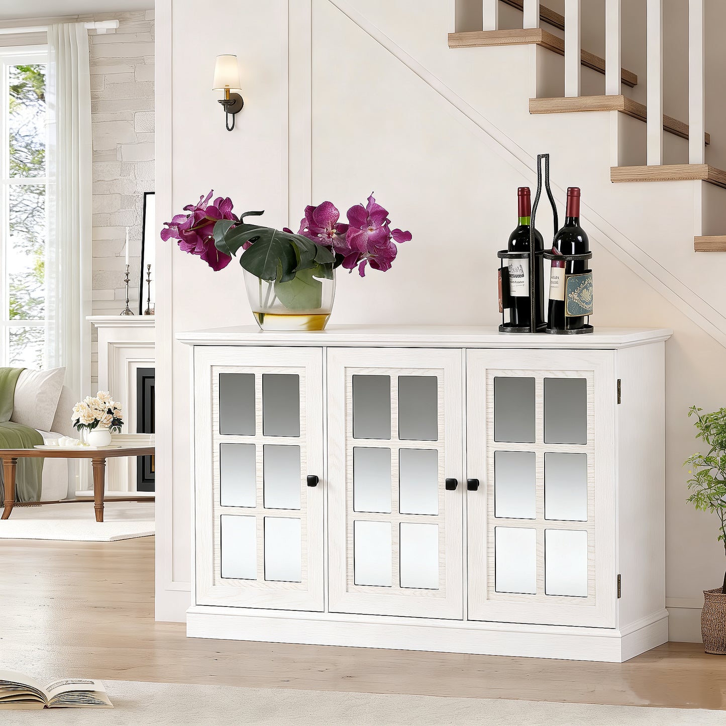 45 Wide Storage Cabinet With 3 Mirrored Acrylic Doors, Sideboard With Adjustable Shelves For Living Room Dinning Room Kitchen, Made With Decorative Laminates And MDF Substrate