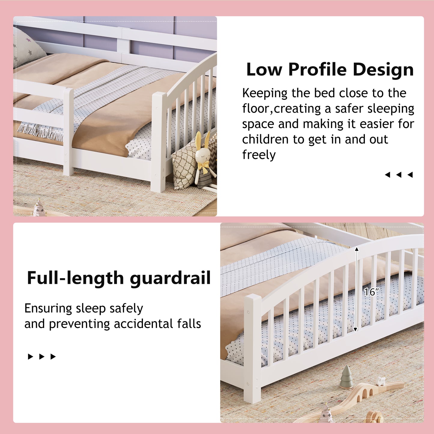 Twin Montessori Floor Bed With Slats And Safety Guardrails, Solid Wood Floor Bed With Fence And Without Door, Easy Assemble Montessori Bed For Girls And Boys, White