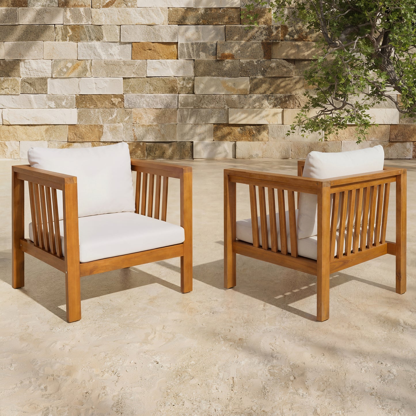 Set Of 2 Outdoor Acacia Wood Club Chairs With Modern Square Arms, 2-Piece Patio Conversation Set With Thick Cushions, Adjustable Leveling Feet For Poolside, Deck, Beige Cushions