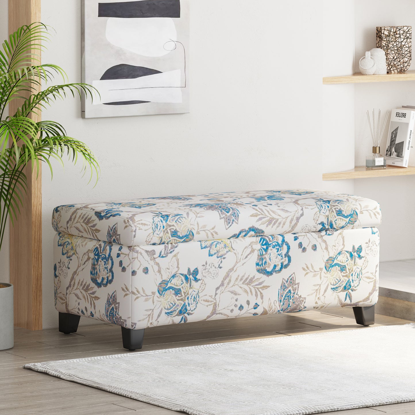 Luxury Storage Ottoman With Floral Patterned Fabric, Soft-Close Hinges, Multi-Functional Footrest & Seat For Living Room, Bedroom - Hidden Compartment For Blankets Pillows