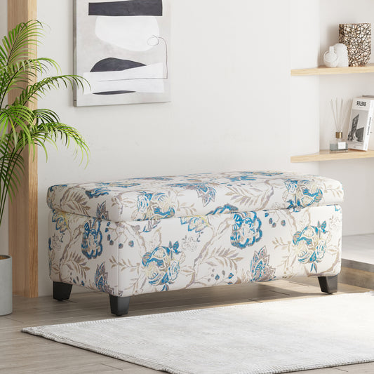 Luxury Storage Ottoman With Floral Patterned Fabric, Soft-Close Hinges, Multi-Functional Footrest & Seat For Living Room, Bedroom - Hidden Compartment For Blankets Pillows