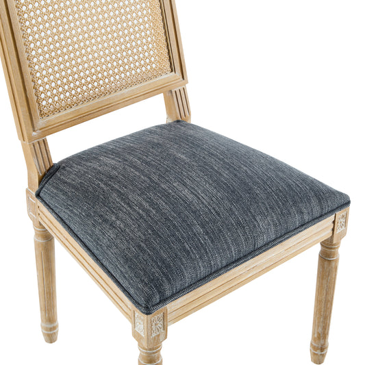 French Country Dining Chairs - Elegant Cane Backrest & Upholstered Seats With Fluted Legs - Rustic Weathered Finish - Solid Rubberwood Frame - Vintage Inspired Kitchen & Dining Room Chairs