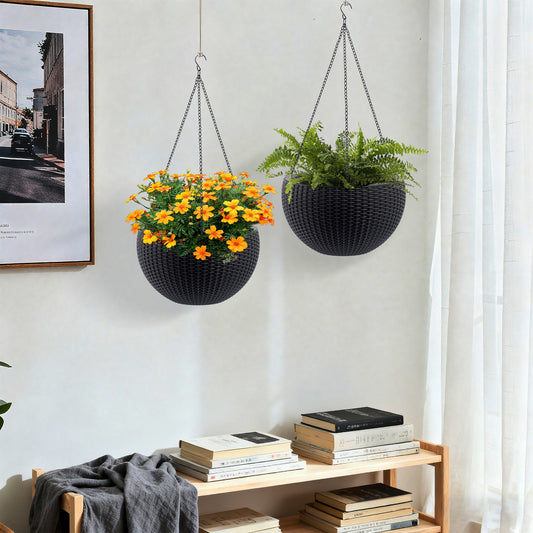 13.4 Inch Self-Watering Hanging Rattan-Inspired Planter Large Capacity, Root-Rot Resistant Water Storage With Water Level Indicator, Dual-Use For Indoor & Balcony Decoration  Pack Of 2, Black Color