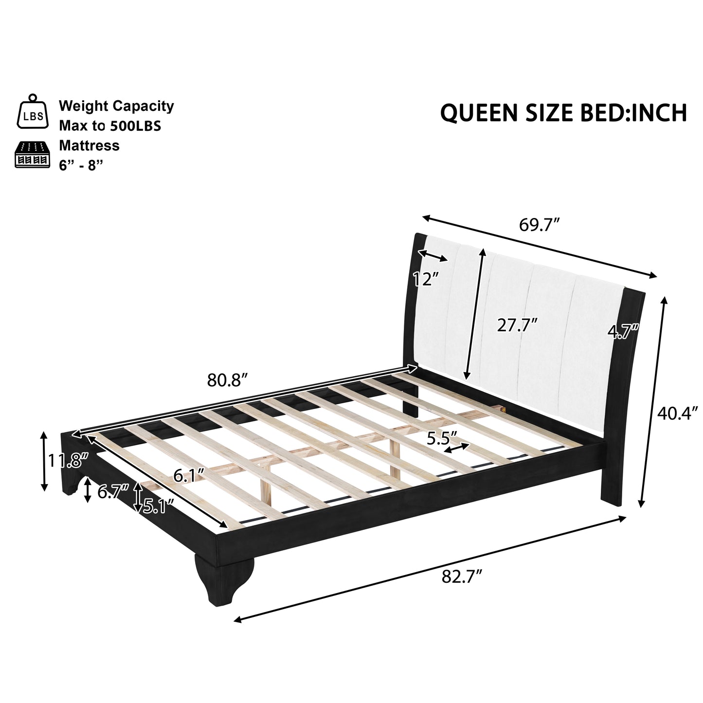 Queen Size Bed Frame Black White Pine Manufactured Wood 82.7x 69.7 6-8 Mattress 500 Lbs No Box Spring Modern Bedroom Furniture