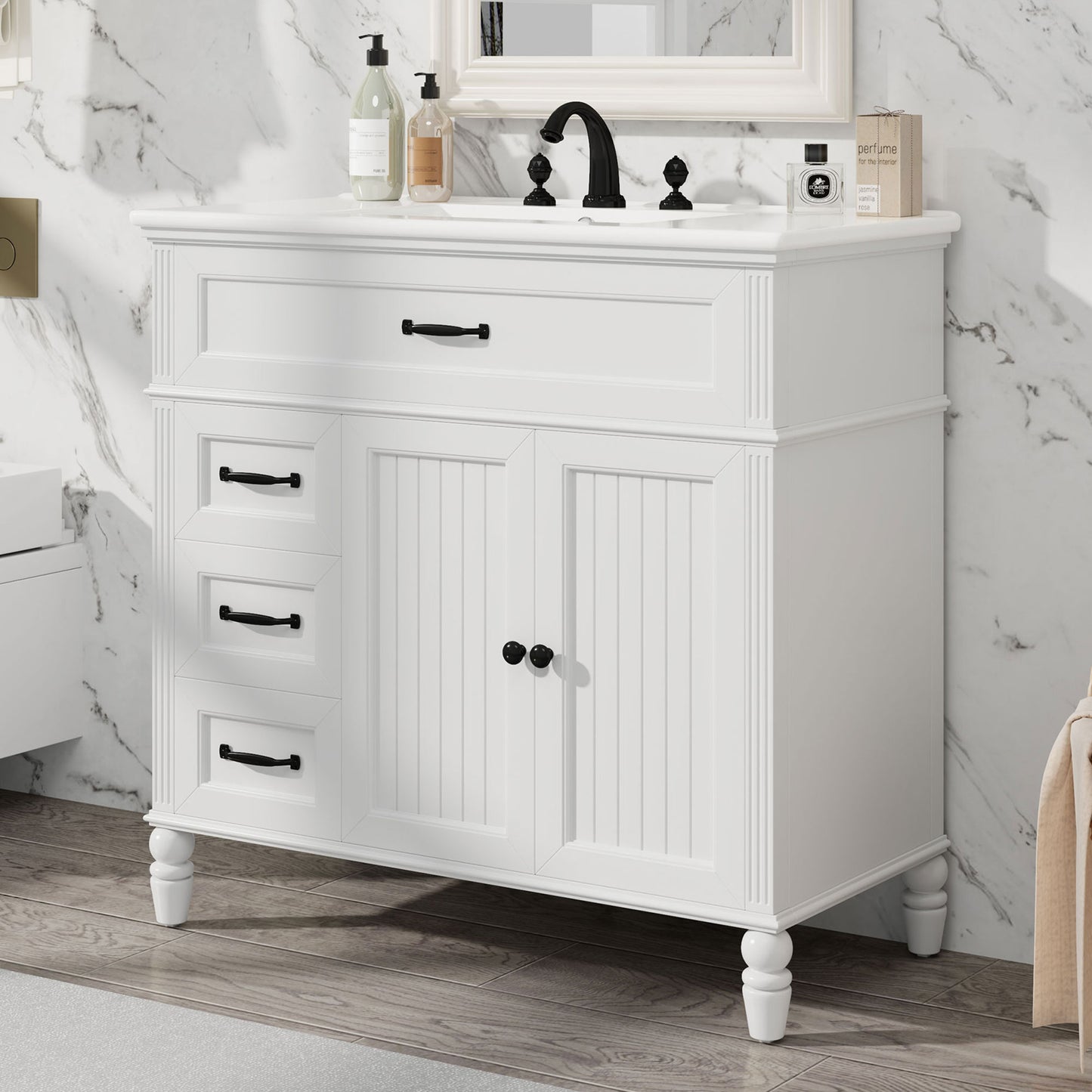 36  Bathroom Vanity With Sink, Bathroom Cabinet With Drawers, Solid Frame And MDF Board, Two Packages, White Same