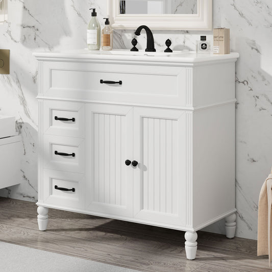 36  Bathroom Vanity With Sink, Bathroom Cabinet With Drawers, Solid Frame And MDF Board, Two Packages, White Same