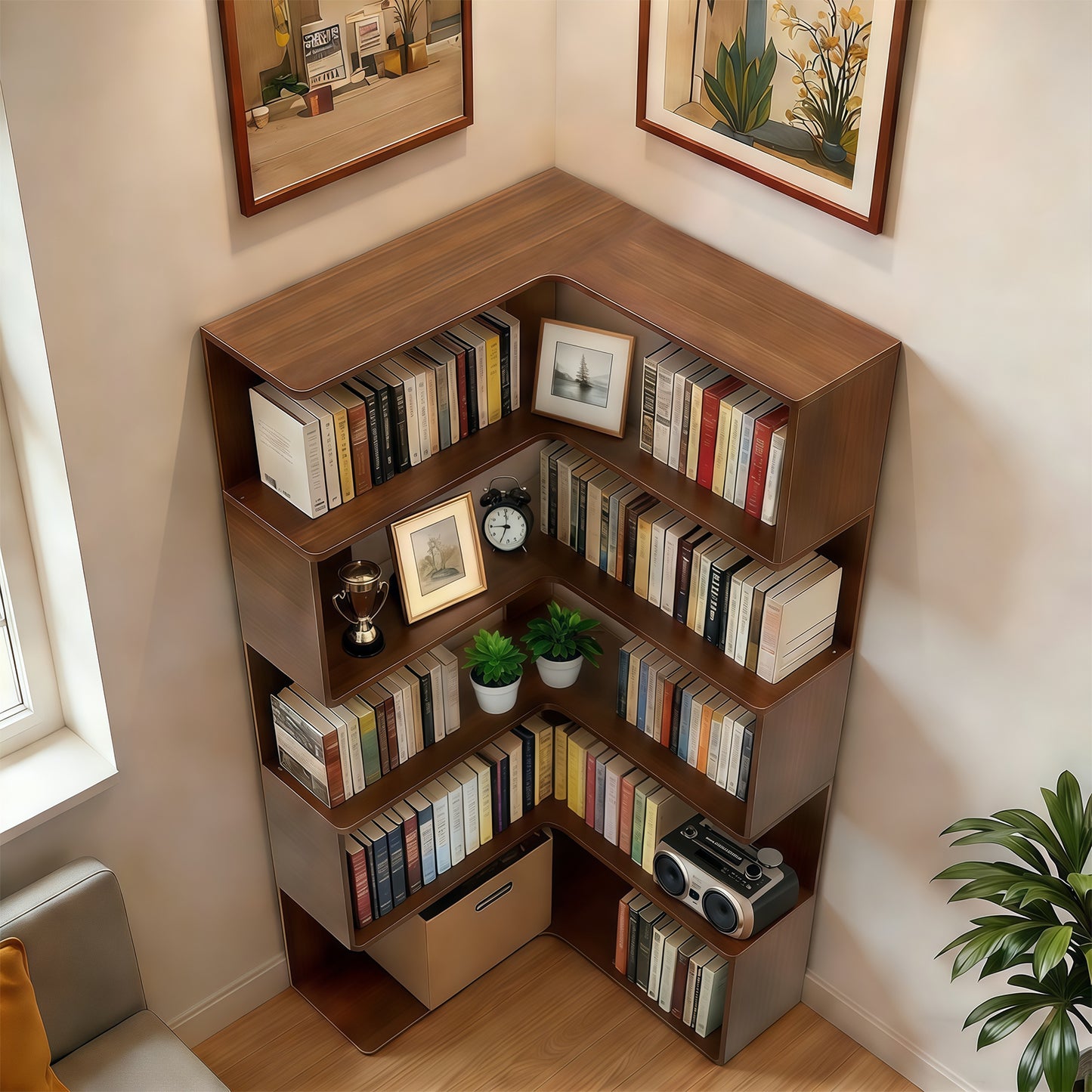 6 Tier Corner Bookshelf, 66  Tall L Shaped Bookshelf With Baffle, Freestanding Display Corner Shelf, Wooden Bookcase With Open Shelf Units For Living Room, Bedroom, Home Office, Walnut