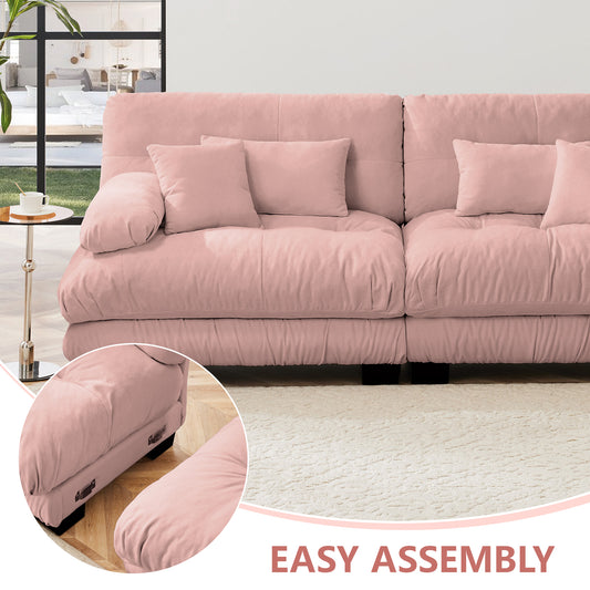 Cloud Couch Sleeper Sofa For Living Room, Chenille 2 Seater Sofa With 2 Lumbar Pillows And 2 Throw Pillows , Upholstered Wide Arm Sofa With 2 Ottomans,Chenille Pink