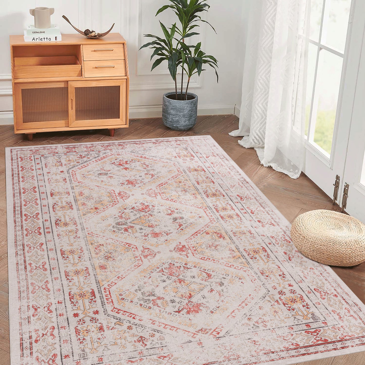MAVAL Beige Washable Rug 4x6 Area Rug  Beige, 4' X 6'