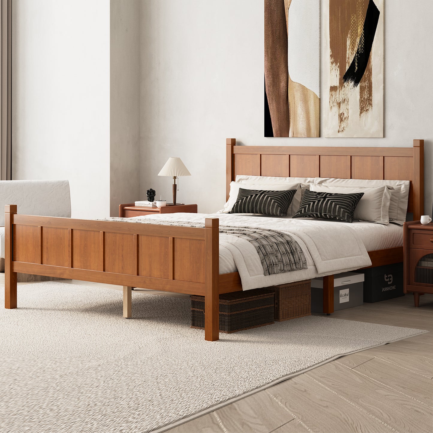 Queen Size Flat Panel Bed With Headboard & Footboard, Minimalist Modern Platform Bed With Wood Grain Finish, Shaker And Farmhouse Style Design, Sleek And Functional Bedroom Furniture,Light Walnut