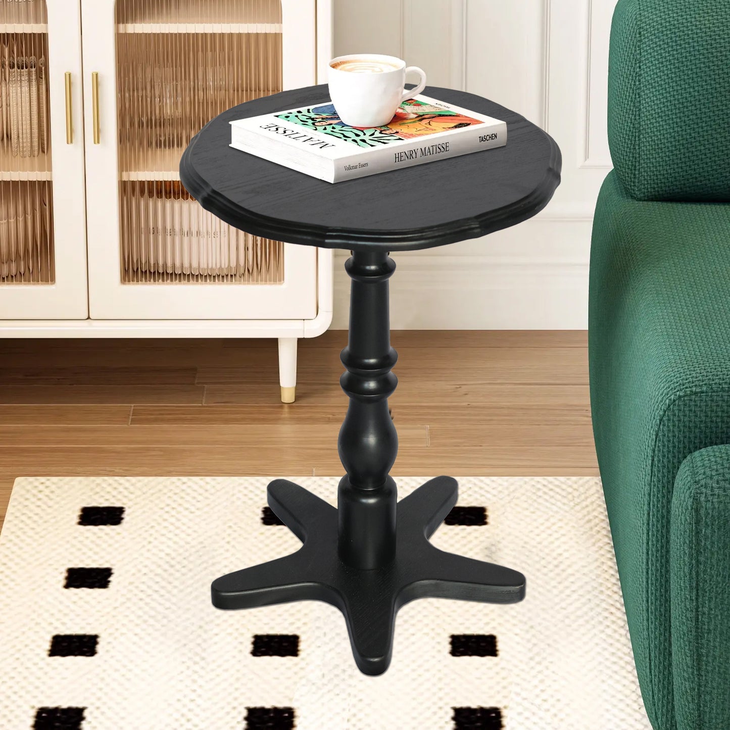 15.75 Inch Round Small End Table, Wooden Pedestal Side Coffee Tables, Vintage Accent Nightstand For Living Room, Bedroom, Entryway  Black